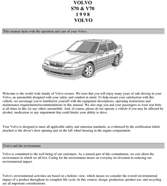 Product picture Volvo 1998 S70 and V70 Owner Manual