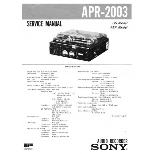 Product picture Sony APR 2003 B Reel to Reel Service Manual