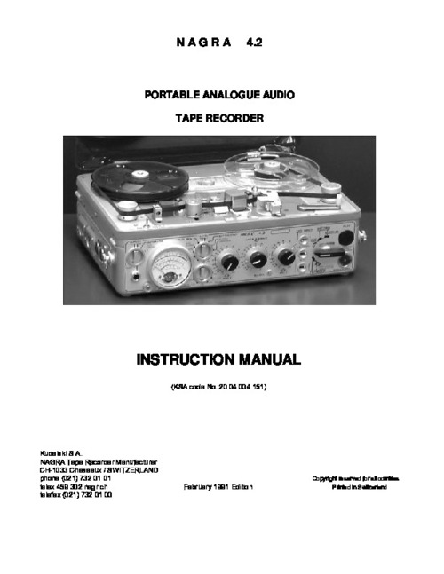 Product picture Nagra 4.2 - Tape Recorder Instruction Manual