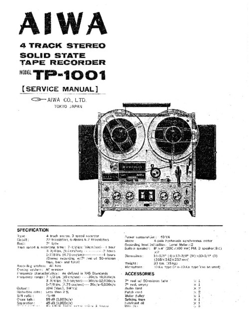Product picture AIWA TP-1001 TAPE RECORDER SERVICE MANUAL