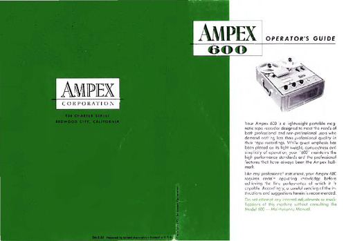 Product picture AMPEX 600 TAPE RECORDER OPERATORS GUIDE
