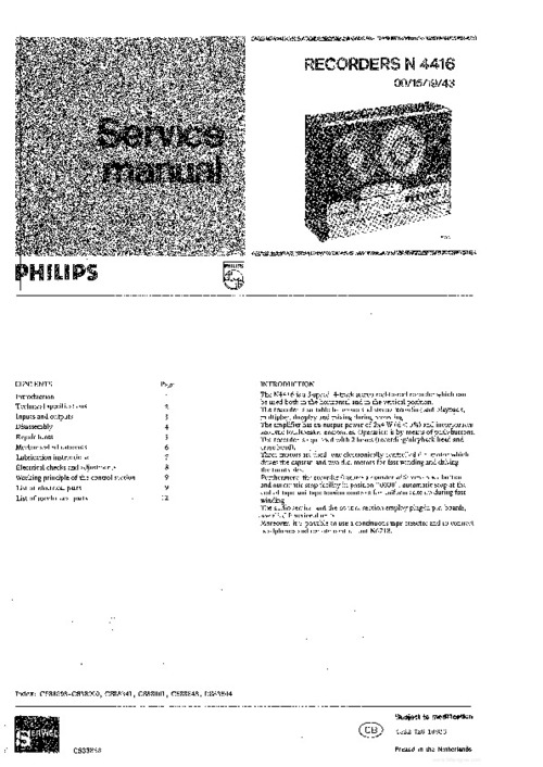 Product picture PHILIPS N4416 TAPE RECORDER SERVICE MANUAL