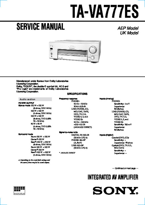 Product picture SONY TA-VA777ES INTEGRATED AV AMPLIFIER SERVICE MANUAL