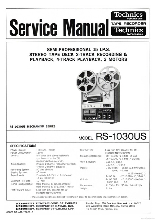 Product picture TECHNICS RS-1030US TAPE RECORDER SERVICE MANUAL
