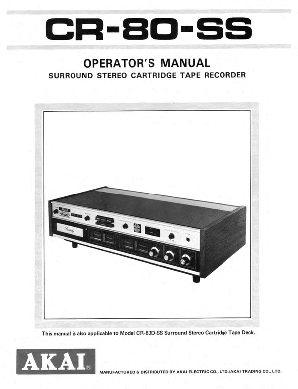 Product picture AKAI CR-80 DSS / SS 8-TRACK CASSETTE DECK OWNER MANUAL 