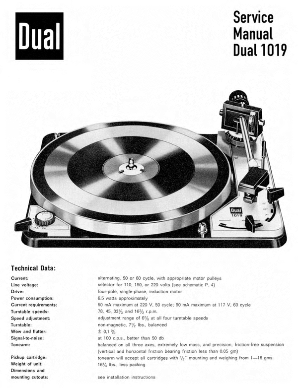 Product picture DUAL 1019 AUTOMATIC BELT-DRIVE TURNTABLE SERVICE MANUAL